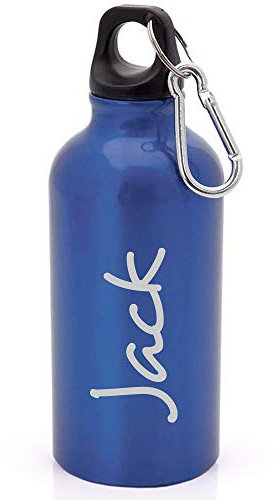 eBuyGB Personalised Any Name Lightweight Reusable Custom Engraved 400ml Aluminium Sports Water Bottle with Screw Cap & Carabiner (Blue - Stylish)