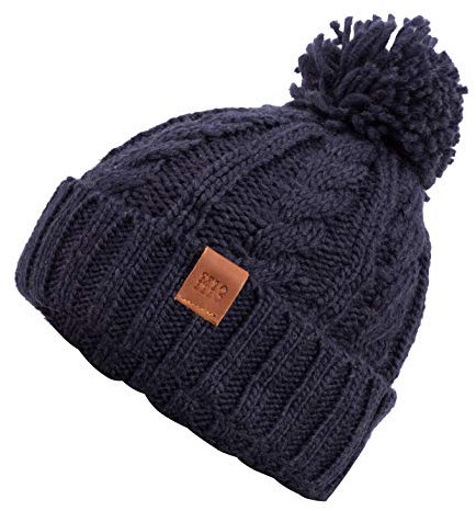 Rough Knit Beanie - Wintermütze, Strickmütze, Bommelmütze mit Leder Patch, Mütze für Herren & Damen (Manufaktur13/M13) (Navy)
