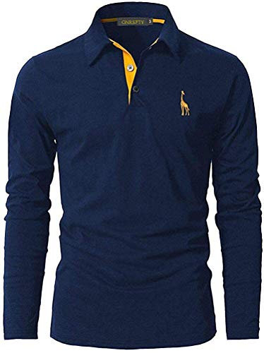 GNRSPTY Mens Polo Long Sleeve Shirt Cotton Golf Giraffe Tops,Navy,XL