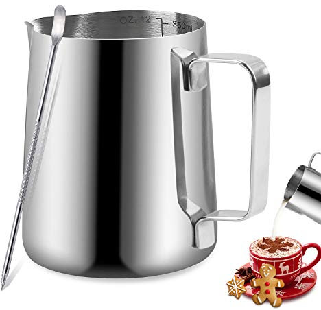 TechKen Milchkännchen, Milchkanne Edelstahl 350ml(12oz) Barista Zubehör Kaffee Milch Kännchen mit Messung Mark für Cappuccino Espresso (Silber 350ml)