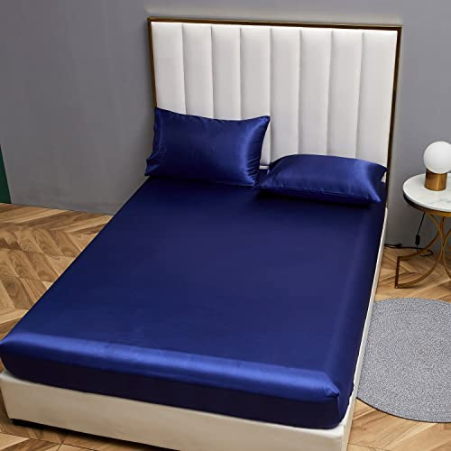 Damier Satin Spannbettlaken 140x200cm Blau Seide Glänzend Spannbetttuch Hochwertiges Satin Deluxe Bettlaken, geeignet für Matratzen bis 30cm