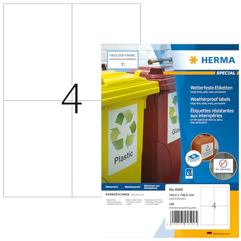 HERMA 4599 Wetterfeste Folienetiketten für Inkjet Drucker, 560 Blatt, 105 x 148 mm, 4 pro A4 Bogen, 2240 Stück, selbstklebend, bedruckbar, matt, Klebeetiketten Aufkleber für Tintenstrahldrucker, weiß