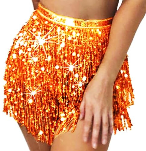 Flovel Glitzernder Paillettenrock Fransen Glitzerrock Bauchtanzkostüm Rave Rock für Damen Orange Farbe