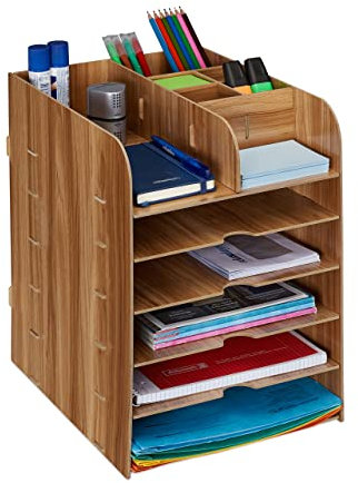 Relaxdays Schreibtisch Organizer mit Dokumentenablage, 12 Fächer, HBT: 34,5 x 25 x 32 cm, Büroorganizer MDF, dunkelbraun
