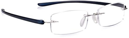 Read Optics Lesebrille 3,0, hochwertige randlose Brille, stylisches rechteckiges Design in Silber & Dunkelblau für tägliches Tragen