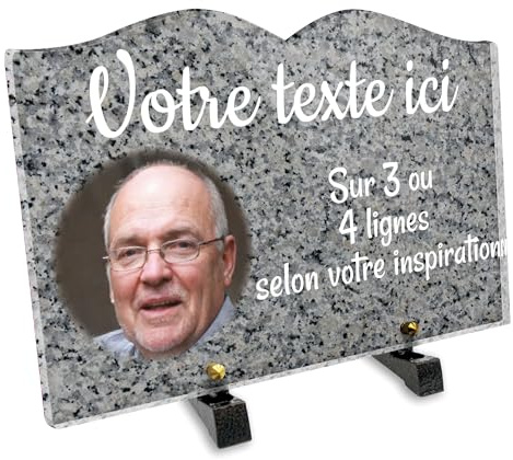 Placa funeraria libro con foto personalizable en plexi patrón granito 2, diferentes tamaños, grosor 6mm, personalizado en varias líneas 30x20 cm