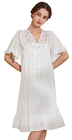 Chemises de nuit vintage victoriennes pour femme, modal, grande taille, pyjamas, dentelle, style princesse, chemise de nuit, chemise de nuit pour femme enceinte, Blanc., M