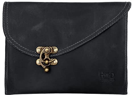 Hide & Drink, Vintage Clutch Bag handgefertigt aus Vollnarbenleder - Damenmode, Dunkelgrau Schwarz