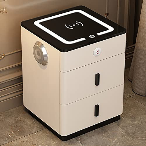 Smart Nightstand with Wireless Charging Station and Bluetooth Speaker, LED Bedside Table with 2 Storage Drawers anhd USB Charging Station, Modern Side Table for Bedroom Living Room ( Color : White bla