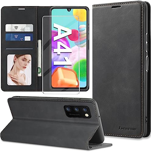 【2023 𝐍𝐄𝐖】Handyhülle für Samsung Galaxy A41 Hülle Leder mit Schutzfolie [3 Kartenfächer] Klapphülle für Samsung Galaxy A41 Hülle Leder Wallet Klappbar Stoßfest Cover Case für Samsung A41 Klapphülle