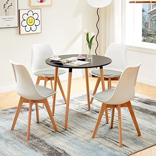 FURNITABLE Schwarz Esstisch Rund mit 4 Weiß & Grau Stühlen Küchentisch Wohnzimmertisch Holztisch Tisch Set für Wohnzimmer Küche Büro