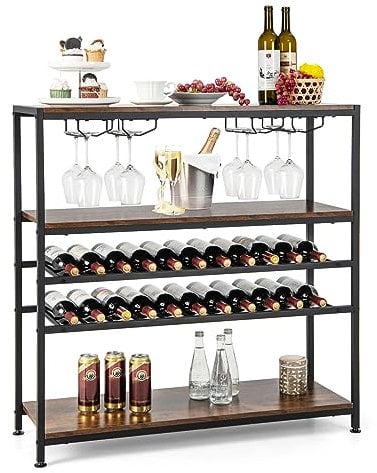 COSTWAY Wine Rack Table, 4/5-tier Freestanding Bar Cabinet with Bottles Display Shelves & Glass Holders, Industrial Storage Stand Drinks Sideboard for Kitchen Dinging Room (5 tier, 100x35x101cm)