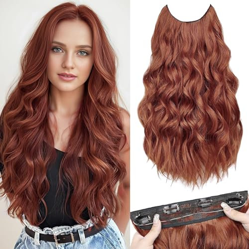 PORSMEER Lange Gewellt Haarverlängerung mit Gummiband kupfer,Invisible Secret 4 Clips in Hair Extensions Synthetik Haare Unsichtbarem Haarteile für Frauen,50 cm(kupferbraun)