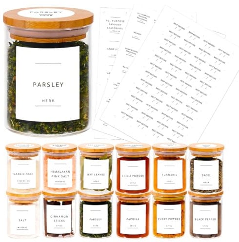 12pcs Bamboo Glass Spice Jars Set - 200ml Airtight Glass Jars With Bamboo Lids - Spice Jars With Lids And Labels Waterproof Labels For Herbs, Spices & Seasoning (200ml/12pcs)