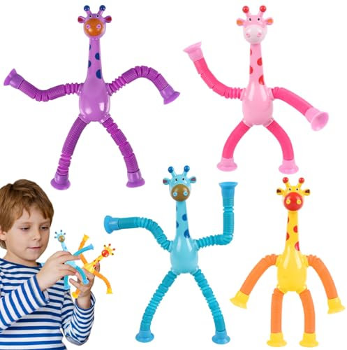 4PCS Jirafa Telescópica Ventosa De Juguete, De Dibujos Animados Telescópica Pop Tubos De Juguete, Sensorial Tubos De Estiramiento De Colores, Jirafa Pop Tubos Sensorial De Juguete para Niños