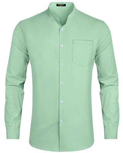 HISDERN Grandad Collar Shirts for Men Long Sleeve Mens Light Green Shirts for Men UK Wedding Casual Collarless Cotton Shirts XXL