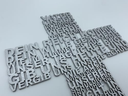 Vater unser Gebet aus Holz Kreuz geschnitten Geschenk Taufe Konfirmation Kommunion Wandschmuck Wandkreuz 28cm x 21cm Deutsch (Silber)