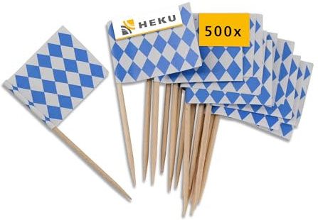 HEKU Décoration Oktoberfest Pic Aperitif 500 Pièces Carreaux Bleu et Blanc - Pic Brochette Bois Drapeau Bavarois Écologique - Brochettes en Bois Pique Cocktail Cure Dent