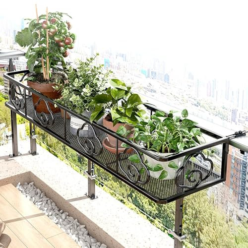 MBBTAG Portavasi da balcone, fioriera da balcone regolabile, Porta Fiori in Metallo Nero Mensola Decorativa per Ringhiera, Con gancio regolabile, Portavasi Succulenta per Balcone, Patio, Giardino(100x