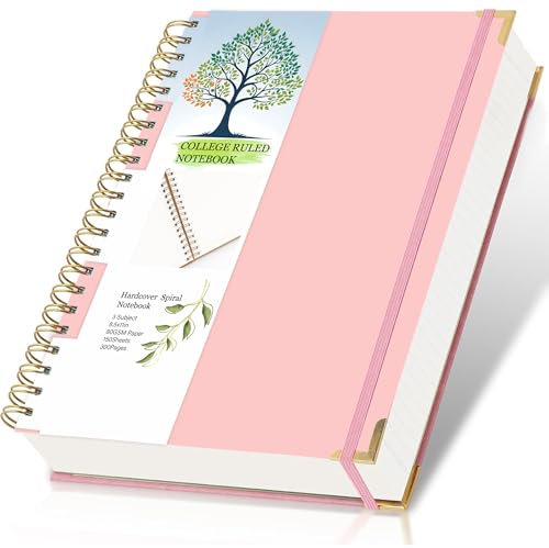 GYMSER A4 Notebook with Dividers,Large Spiral Hardback Lined Notebooks for College Student Women Men Writing,Taking Notes,300 Pages Thick College-Ruled Paper. 21.5X27.9CM (PINK)