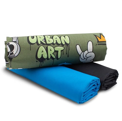 VmG-Store 1,5m Baumwollstoff Set Designstoff + 2x Uni farblich abgestimmt 100% Baumwolle Material Auswahl (Graffiti Olive Bunt Set60)