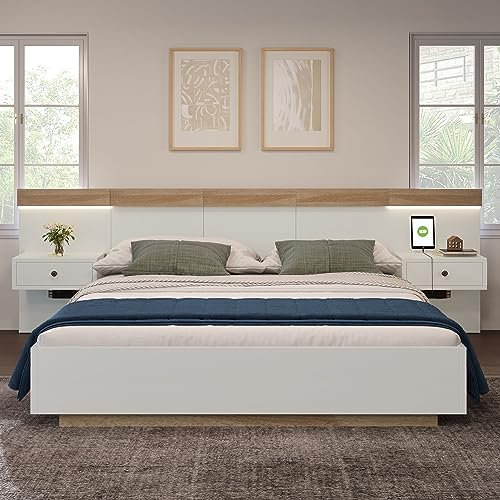 Doppelbett Bettanlage mit Nachtkommoden& USB C Steckdose Holzbett inkl. 2 Nachttischen Schlafzimmer Komplett, Set in Eiche Sonoma/Weiß(Ohne Matratze) (180x200CM)