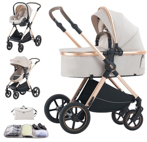 Shineey Kinderwagen 3 in 1, Kinderwagen Buggy Faltbarer Kinderwagen Set, Kombikinderwagen 3 in 1 mit Großer Bequemer Babywanne, Kinderwagen Rahmen Aluminiumlegierun