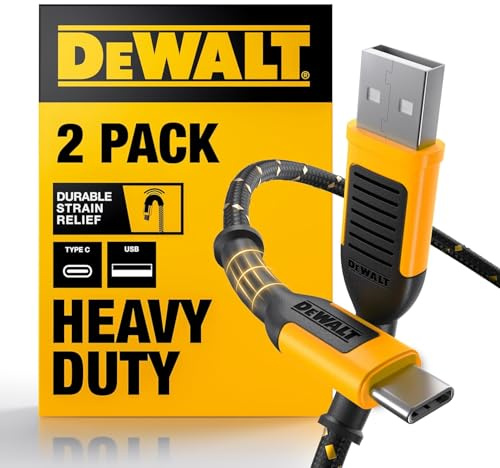 DEWALT Heavy Duty 2-Pack USB to USB C Cable 6ft, Heavy-Duty Fast TypeC Charger Cord Jobsite Type C Cable Durable Braided TypeC to USBA Fast Charging for iPhone 17 16 15 Pro Max Plus Samsung Galaxy S24
