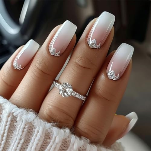 24 Stück Gradient mit Diamond Falsche Nägel Zum Aufkleben Kit - Full Cover Press on Nails Weiß Rosa Künstliche Nägel Tips für Maniküre DIY, Glänzend French Fake Nails für Frauen & Mädchen