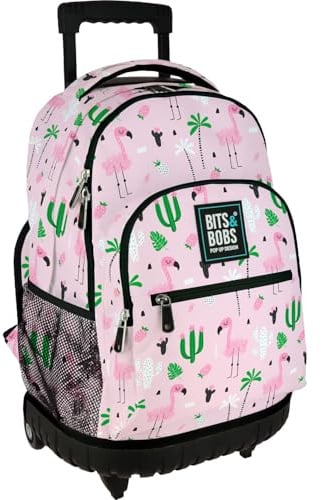 Grafoplás - Ryggsäck med integrerad vagn, dubbla hjul, 29 liter, 52 x 37 x 25 cm, roller-modell, tropisk samling, bitar och Bobs Pop-Up Design, perfekt skolmaterial för barn och grundskola, Rosa, L
