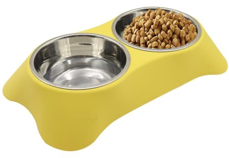 Jingsen Double Cat Rabbit Bowl, Non Slip Stainless Steel Double Pet Bowl with Non-spill Design for Small Pets Such as Puppies, Cats, Rabbits, Etc (Yellow, Small)
