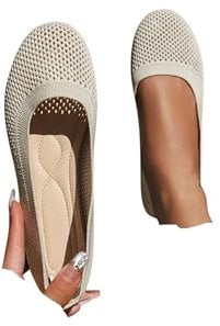 Women's Ballet Flats Slip On Knit Dress Shoes Pumps Round Toe Wide fit Work Flats Solid Color Comfortable Dress Ballet Shoes White
