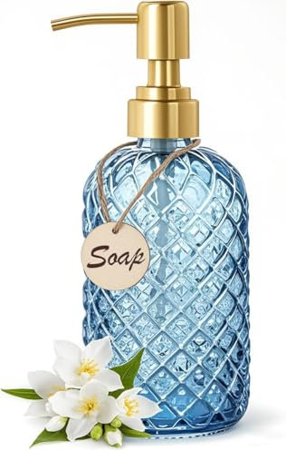 Bingobang Bathroom & Kitchen Glass Soap Dispenser with Hand Gold Pump 304 Rustproof Stainless Steel, 16 Oz Refillable Liquid Hand Wash Jar Dispenser Lotions Shampoo Bottle for Laundry Room (Blue)