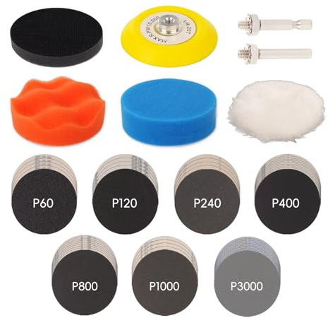 57pcs Polishing and Sanding Kit for Headlight Restoration 3 Inch Sanding Discs with 7 Grit Sandpapers (60 to 3000) for Automotive, Wood, Metal & DIY Projects