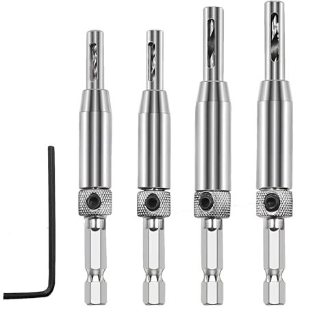 4PCS Self Centering Drill Bit Set, HSS Hinge Drill Bits Set, Center Drills Bit with 1/4 Hex Shank for Woodworking Door Cabinet Window Drawer Hinge Installation (5/64 7/64 9/64 11/64)