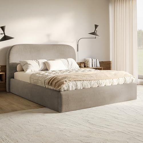MOTIVENA Mono Bett 140x200 Beige Samt, mit Stauraum, mit Kopfteil, mit Lattenrost, ohne Füße, ohne Matratze, Polsterbett 140x200 mit Bettkasten Beige