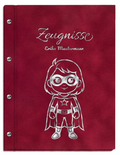 Personalisierbare Zeugnismappe in roter Samtoptik mit eigenem Namen und Motiv - inkl. 12 Sichthüllen - Silberner Aufdruck mit individuellem Motiv selbst gestalten