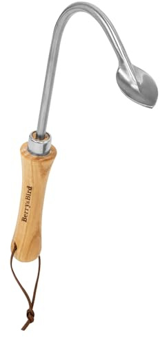Berry&Bird Stainless Steel Curved Weeder – Crack Weeder Cultivator Weed Puller Hand Tool with Wood Handle and Leather Strap, Durable Weed Remover Tool for Patio, Lawn, Yard, Block Paving
