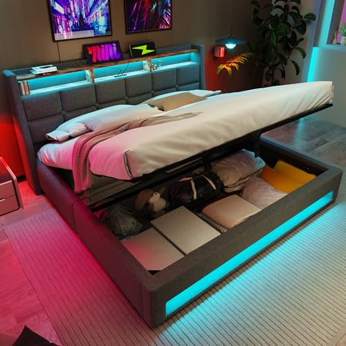 Merax Super king size bed with Storage,6FT Upholstered Super King Size Ottoman Bed with Storage Headboard Shelves&Charging Station&LED Lights(head and foot),Grey+Linen(No Mattress)/180x200CM