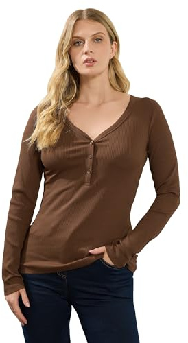 Long Tall Sally - LTS Tall Brown Cotton Ribbed Henley Top - Women's