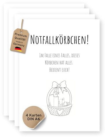 GLEDESTUND 4x Notfallkörbchen Schilder – DIN A6 Notfallkorb Schild – Hochzeit, Geburtstag, Party – Notfallset Karten