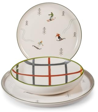 H&H Servizio Tavola 18 Pezzi Ski Holiday in Stoneware Decorato – Stile Invernale e Natalizio – Piatti con Sciatori e Quadri – Lavabile in Lavastoviglie, Microonde – Ø 26, 20,5, 20 cm