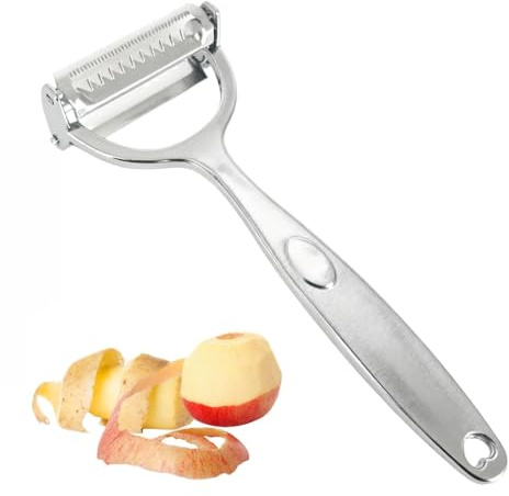 Pelapatate e Pelaverdure Professionale, con 2 Lame in Acciaio Inossidabile (Liscia e Dentata), per Taglio Julienne, Sbucciare Frutta e Verdura come Carote, Zucchine, Patate, Manico Ergonomico