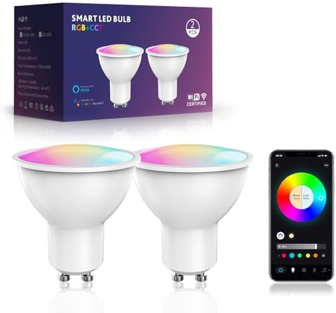 POIUYTO Gu10 smart led Glühbirne, Smart home Alexa Zubehör, Sprachsteuerung Funktionieren mit Alexa, Google Assistant, WLAN LED Lampe RGBWW dimmbare mit 16 Millionen DIY-Farben, 420LM, 2 Stück
