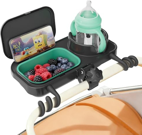 btrfe Universal Stroller Snack Tray, with Cup Holder & Removable Silicone Tray – 3-in-1 Stroller Tray Attachment for Uppababy, Nuna, Mockingbird – Easy Clean, Stable Grip, Toddler Snacking On The Go