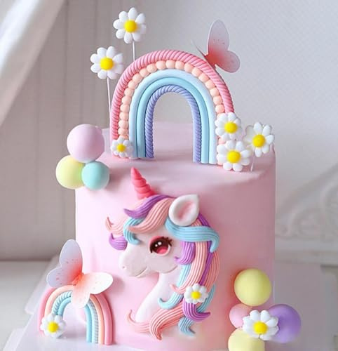 Tazuxetuqe Einhorn & Regenbogen Tortendeko Set, Kuchendekoration mit Gänseblümchen, Schmetterlingen und Pastell-Luftballons für Geburtstage und Fantasie-Partys