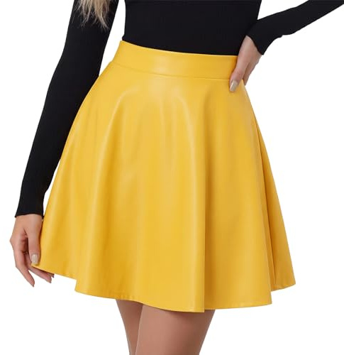 WERFORU Lederrock Damen Minirock Leder Rock für Damen Elastische Taille A-Linien Pull On Skater Röcke