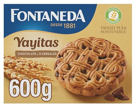 Fontaneda Yayitas Galletas de 5 Cereales con Pepitas de Chocolate, Fuente de Fibra, 600 g
