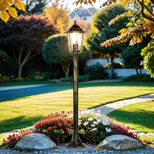 Licht-Erlebnisse Außenstehleuchte Glas Aluminium in Gold Antik IP44 Garten H:105 cm E27 niedrige Laterne nostalgische Wegeleuchte Outdoor PARIS