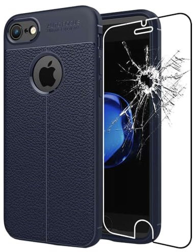 ebestStar - Coque Compatible avec iPhone 7, iPhone 8 Apple Etui Housse Silicone TPU Souple Anti-Choc Motif Cuir, Bleu Foncé + Film Verre Trempé [Appareil: 138.3/138.4 x 67.1/67.3 x 7.1/7.3mm, 4.7'']